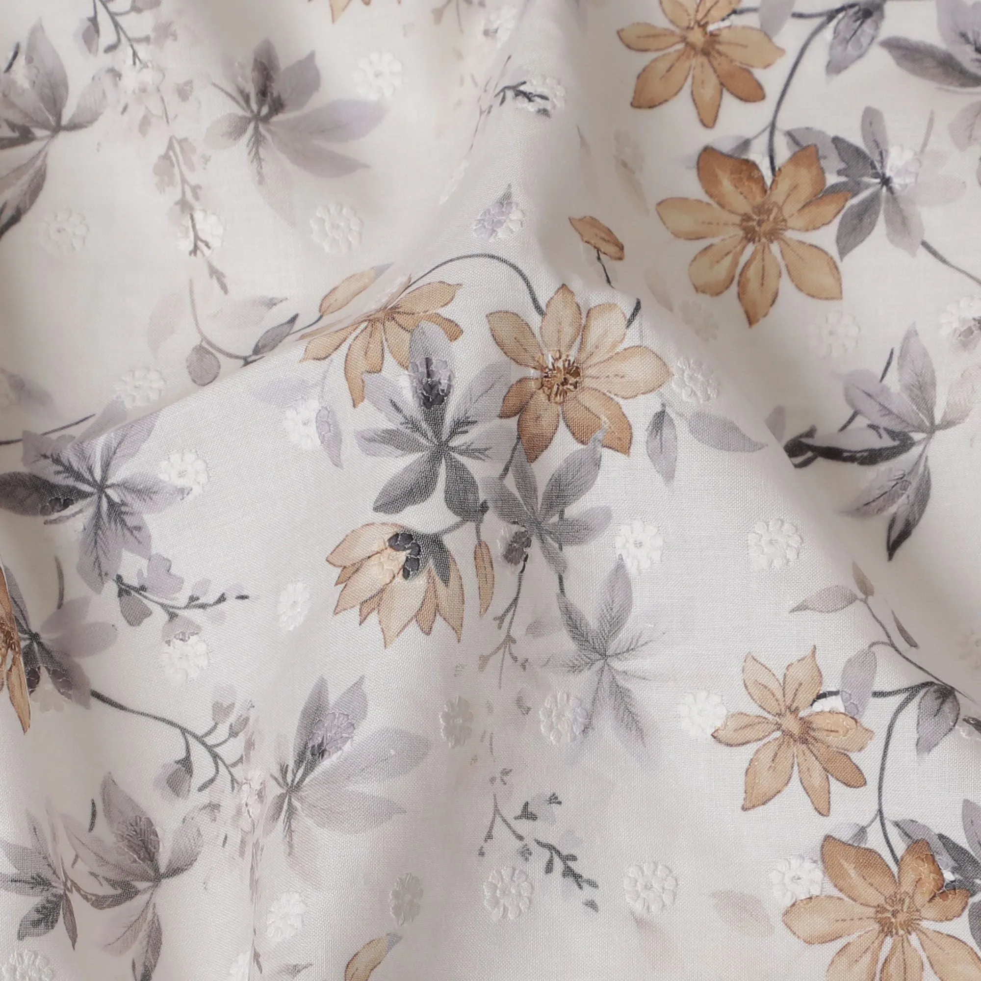 Antique Floral Embroidered Cotton Lawn Fabric, 110cm Wide - Sold by the Meter from India-D18864