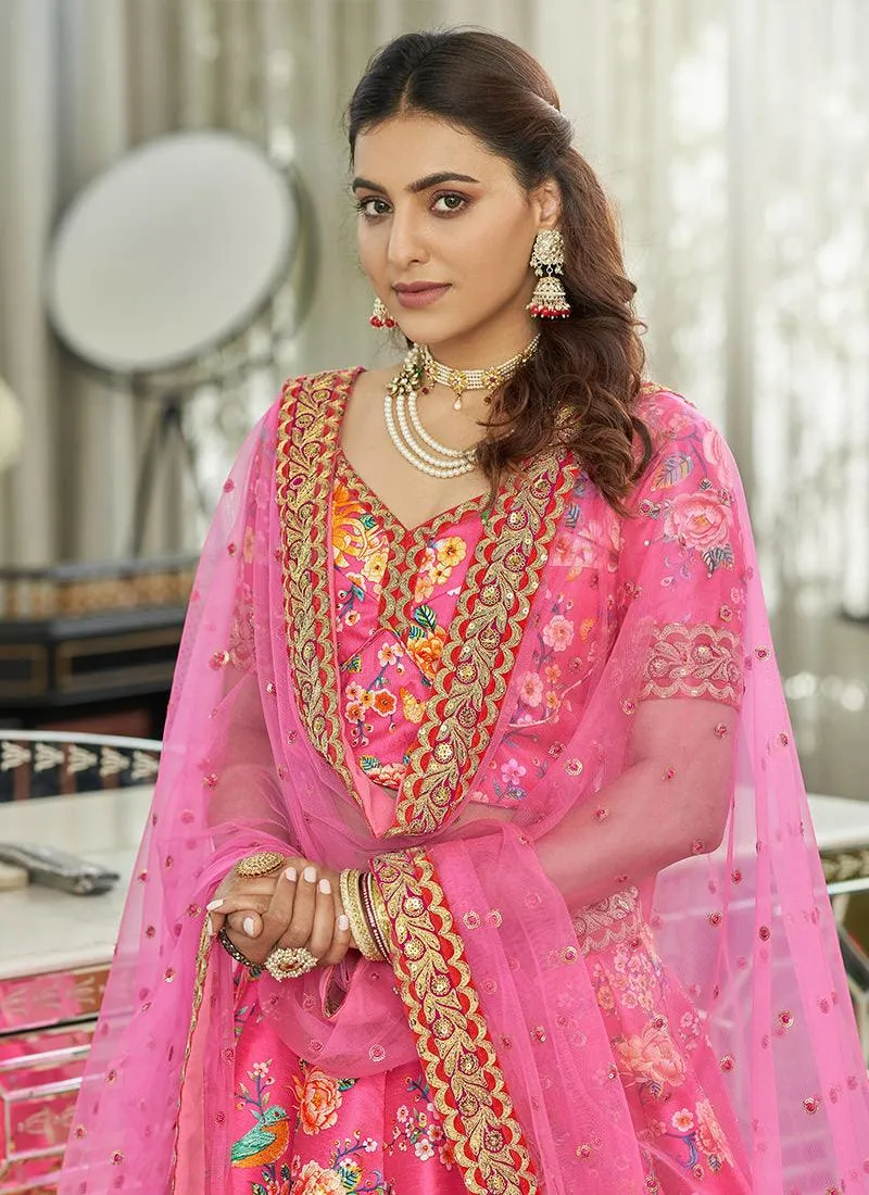 Art Silk Fabric Embroidered Dark Pink Floral Lehenga