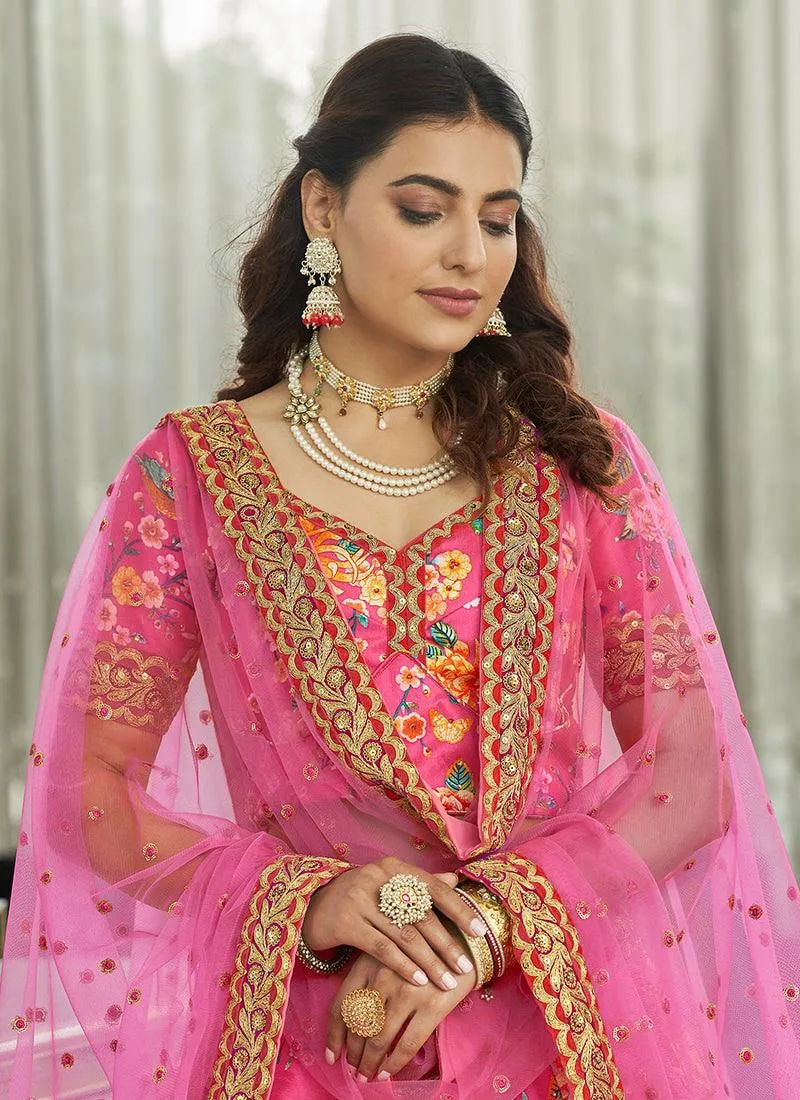 Art Silk Fabric Embroidered Dark Pink Floral Lehenga