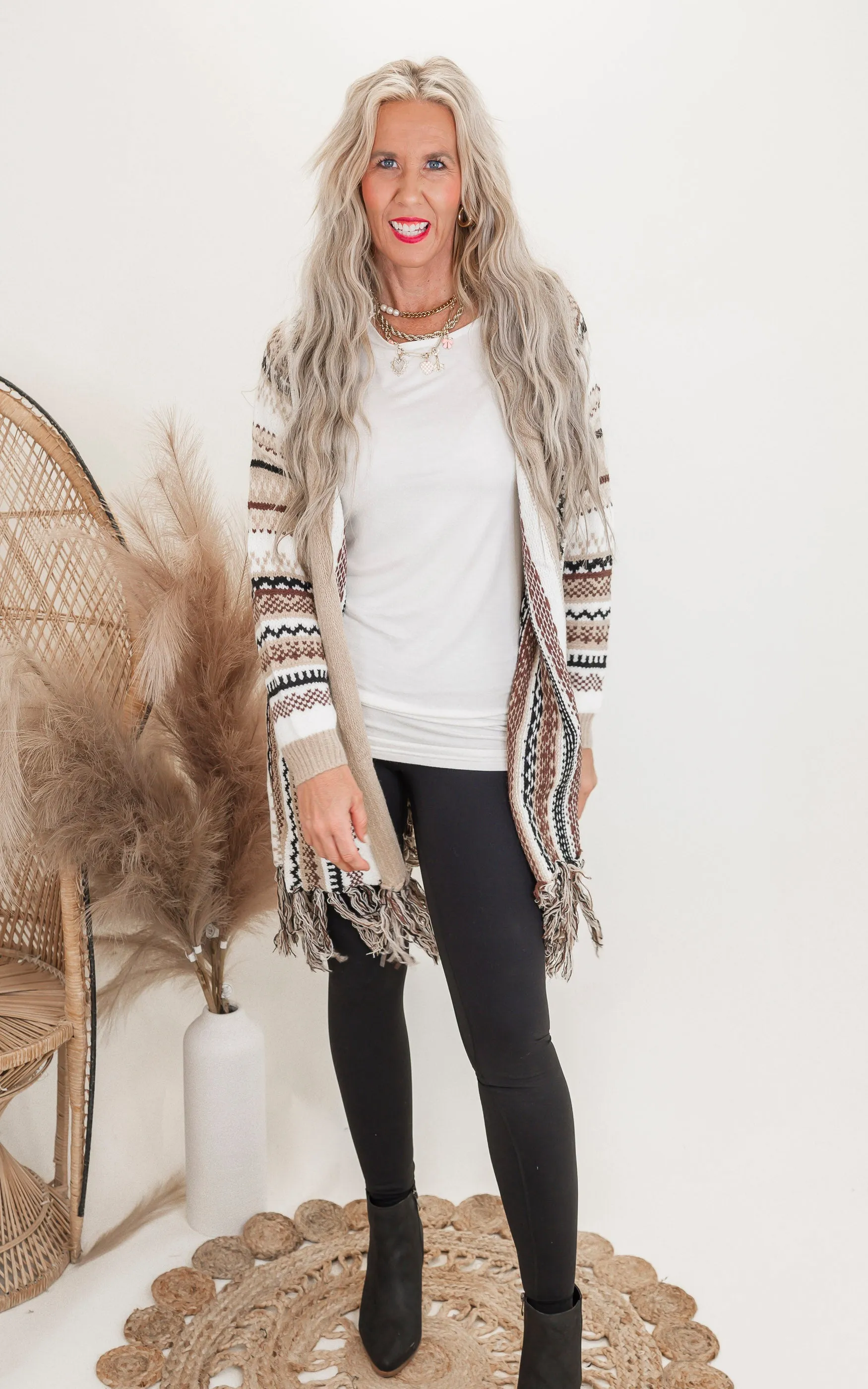Beige Khaki Bohemian Tribal Stripe Cardigan w/ Fringe