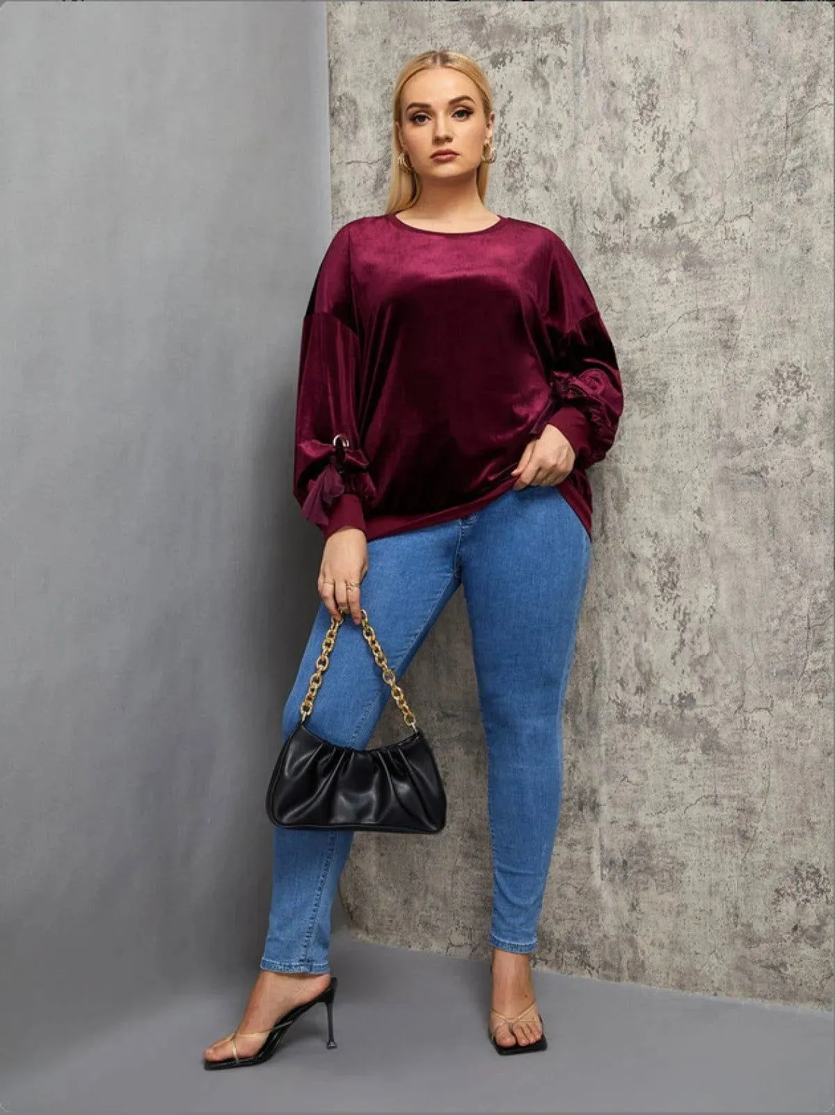 Burgundy Round Neck Lantern Tie Sleeve Velvet Blouse