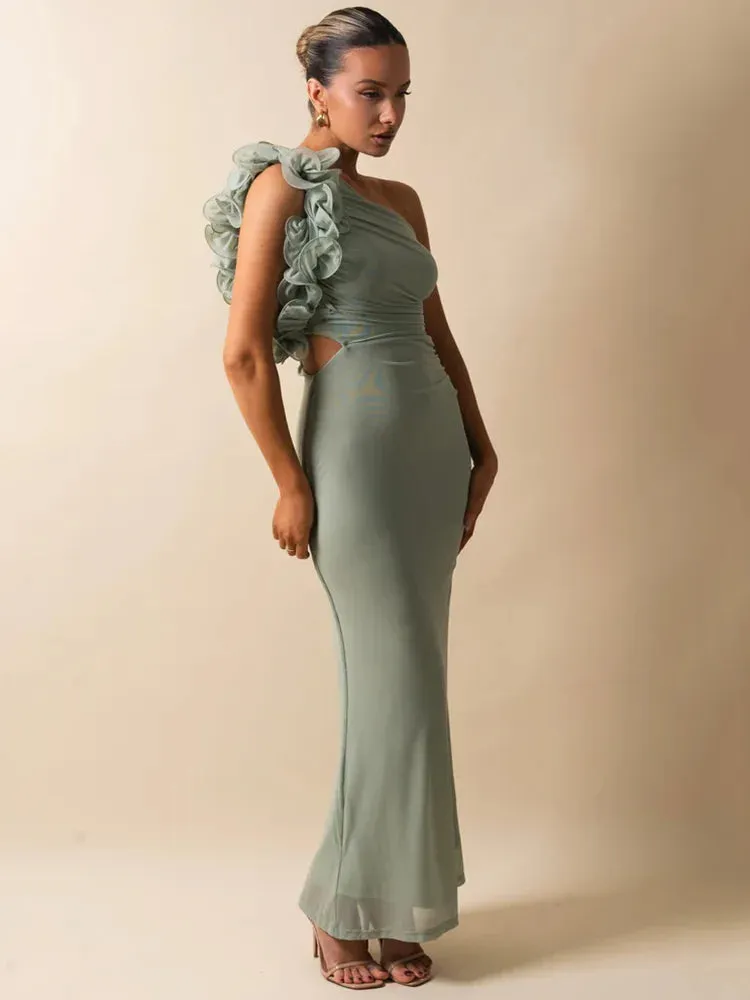 Delphina One Shoulder Ruched Maxi Dress with Floral Appliqu  Black or Green Wedding Guest Outfit