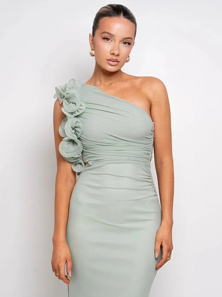 Delphina One Shoulder Ruched Maxi Dress with Floral Appliqu  Black or Green Wedding Guest Outfit