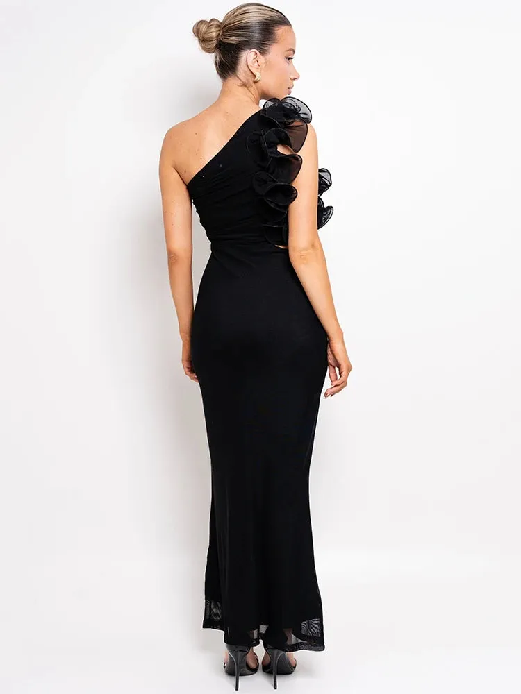 Delphina One Shoulder Ruched Maxi Dress with Floral Appliqu  Black or Green Wedding Guest Outfit
