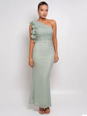 Delphina One Shoulder Ruched Maxi Dress with Floral Appliqu  Black or Green Wedding Guest Outfit
