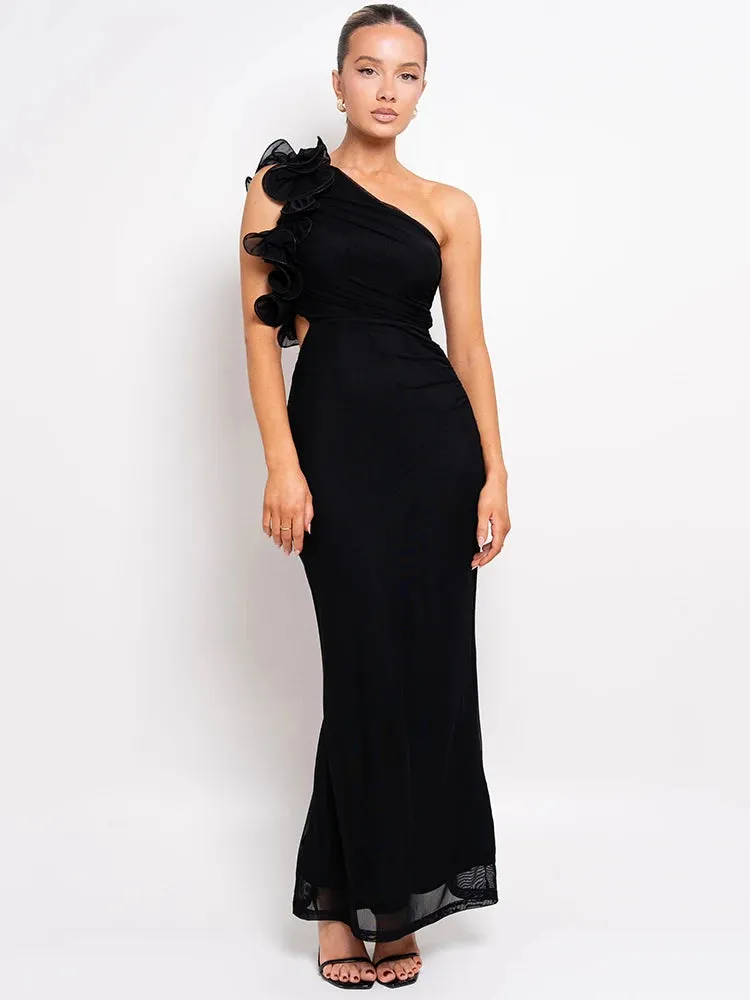Delphina One Shoulder Ruched Maxi Dress with Floral Appliqu  Black or Green Wedding Guest Outfit