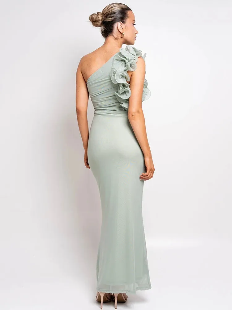 Delphina One Shoulder Ruched Maxi Dress with Floral Appliqu  Black or Green Wedding Guest Outfit
