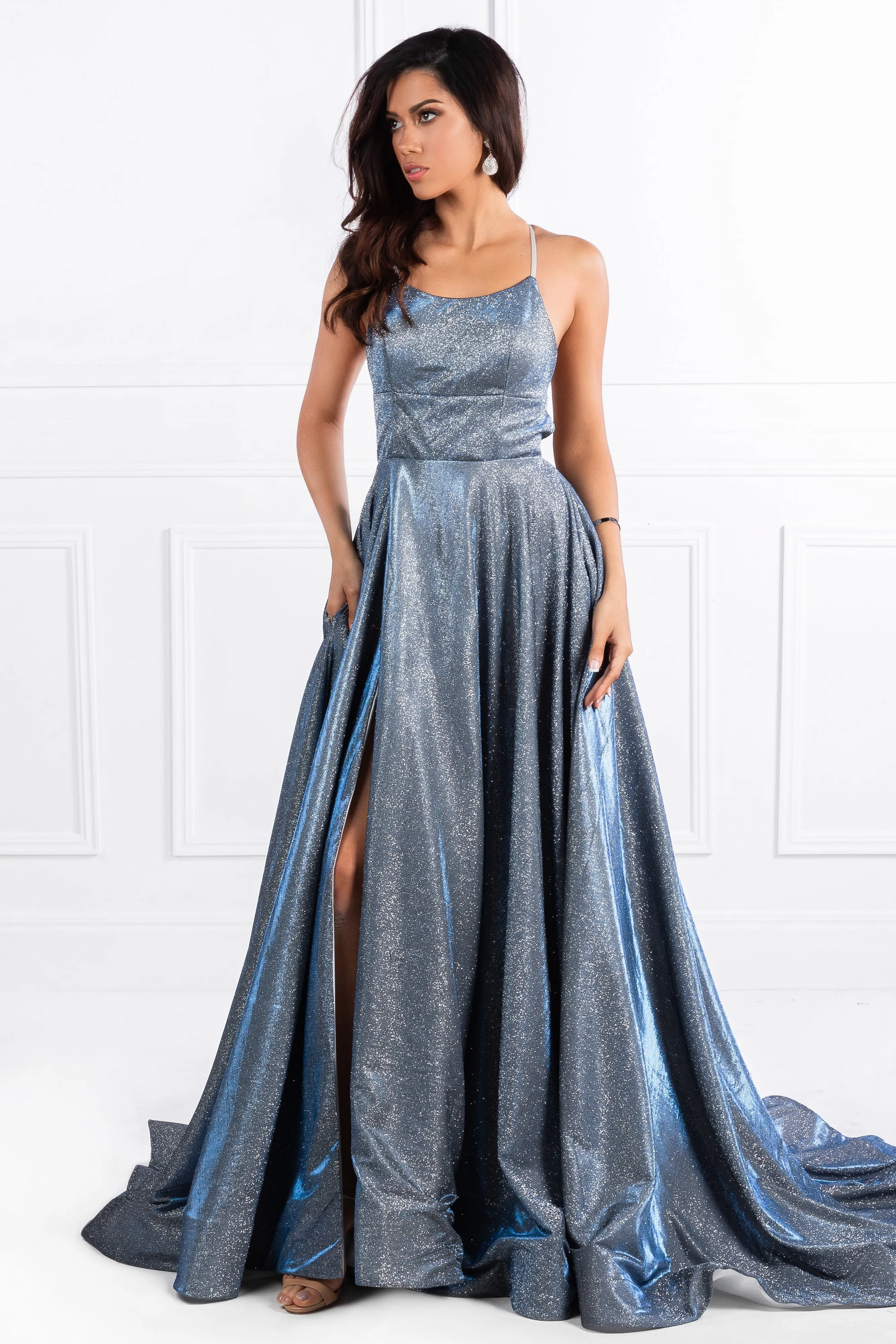 Honey Couture HARRIETT Glitter Fabric Lace Up Back Formal Dress