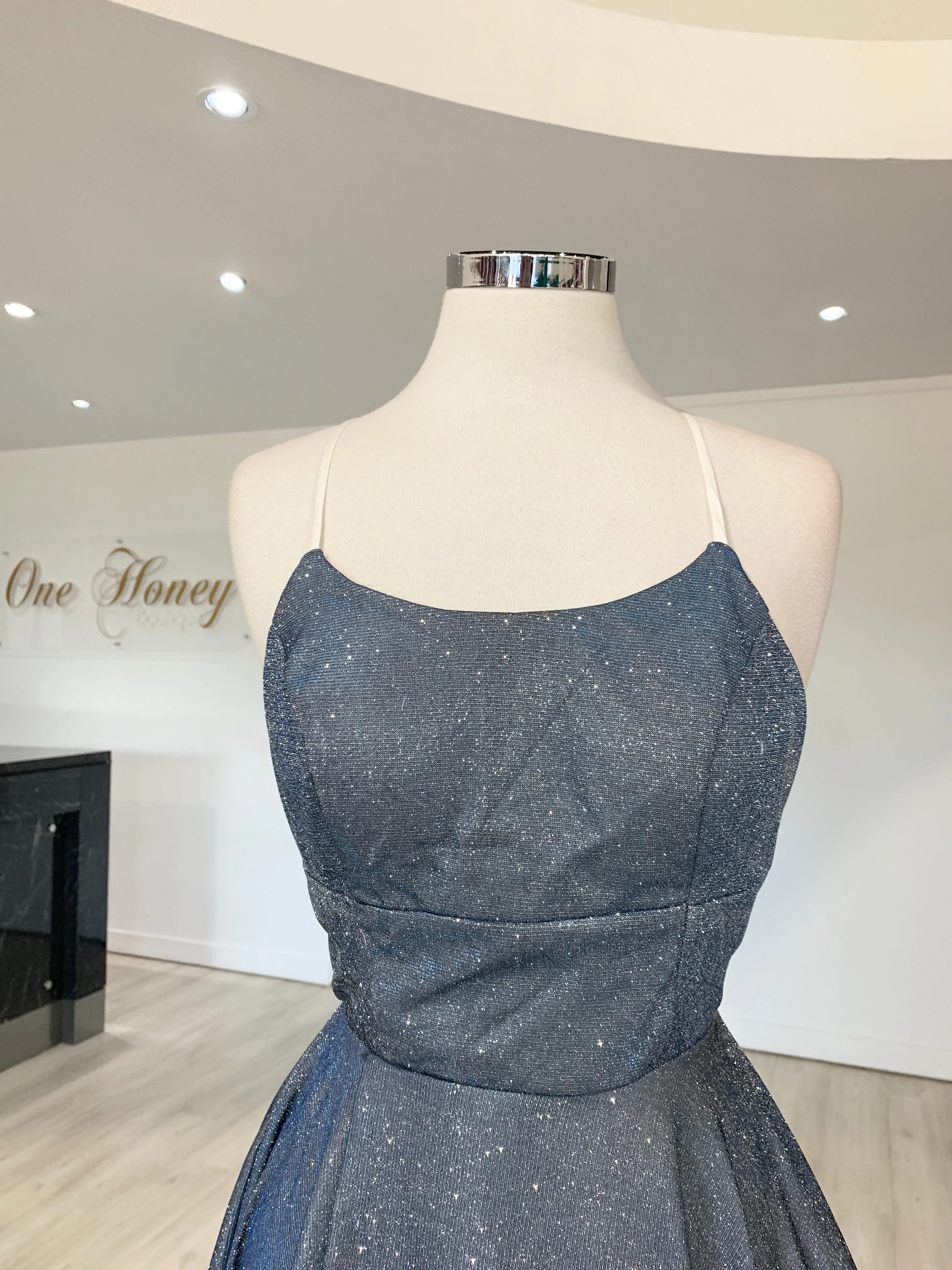 Honey Couture HARRIETT Glitter Fabric Lace Up Back Formal Dress