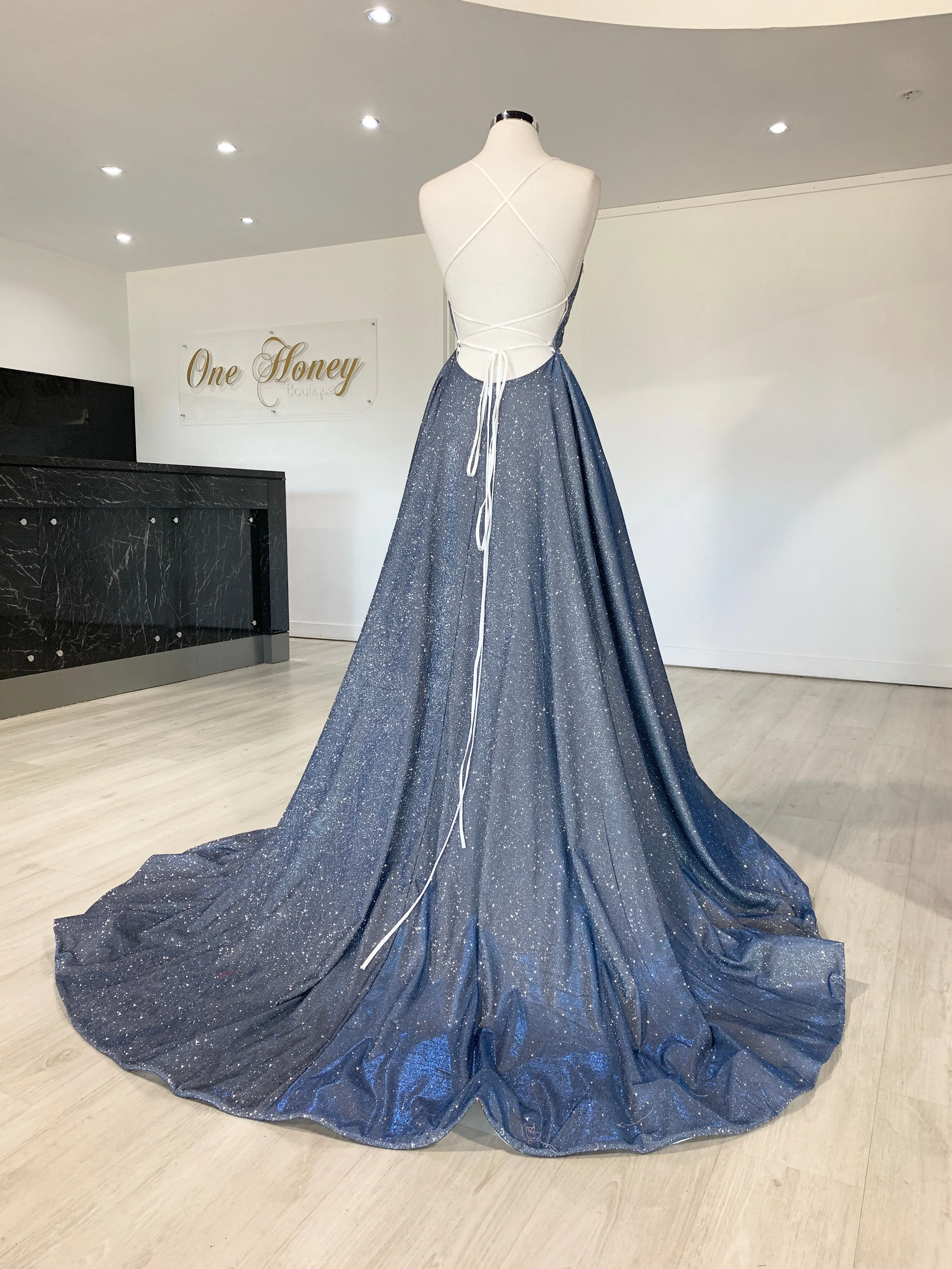 Honey Couture HARRIETT Glitter Fabric Lace Up Back Formal Dress