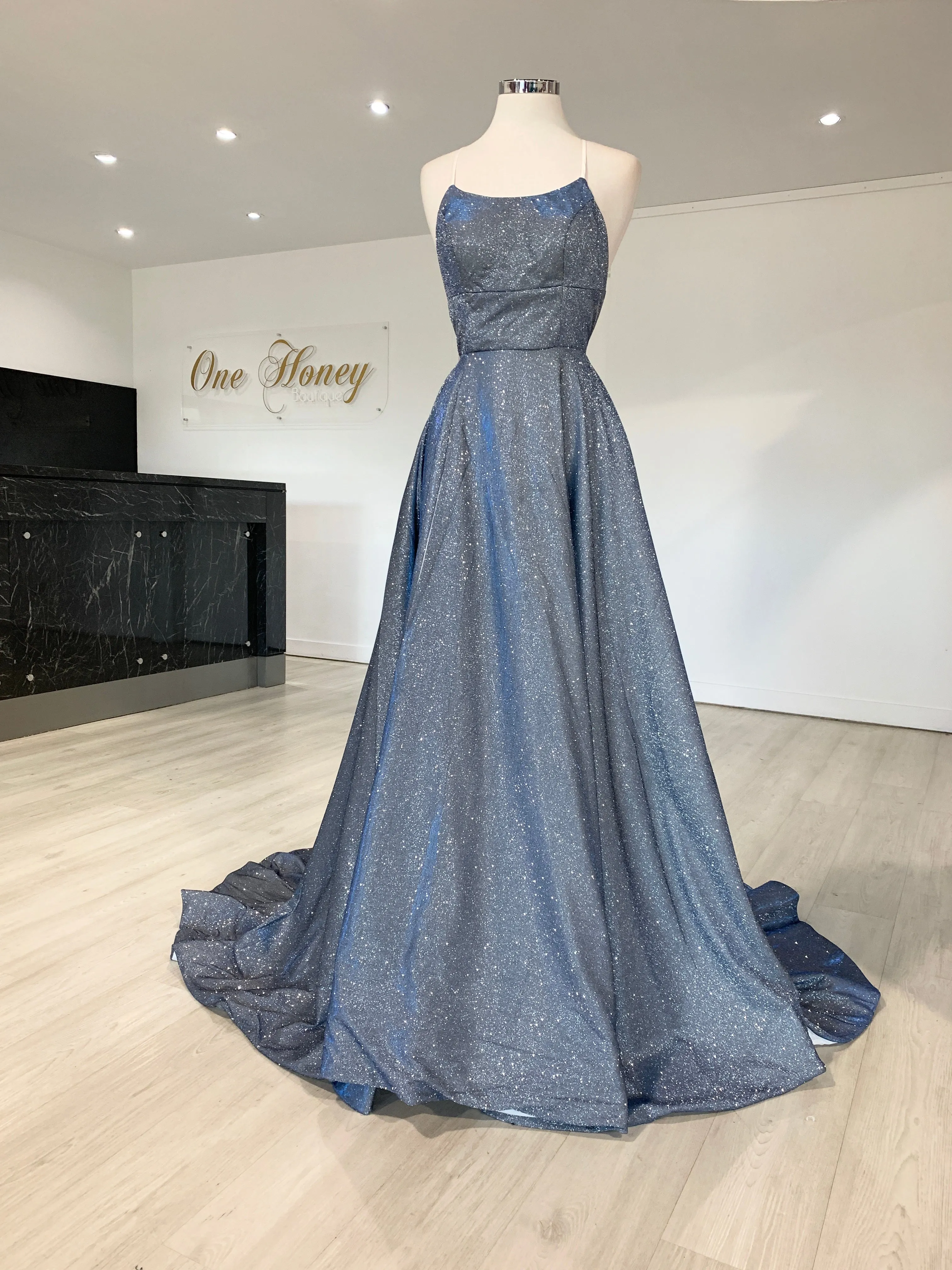 Honey Couture HARRIETT Glitter Fabric Lace Up Back Formal Dress