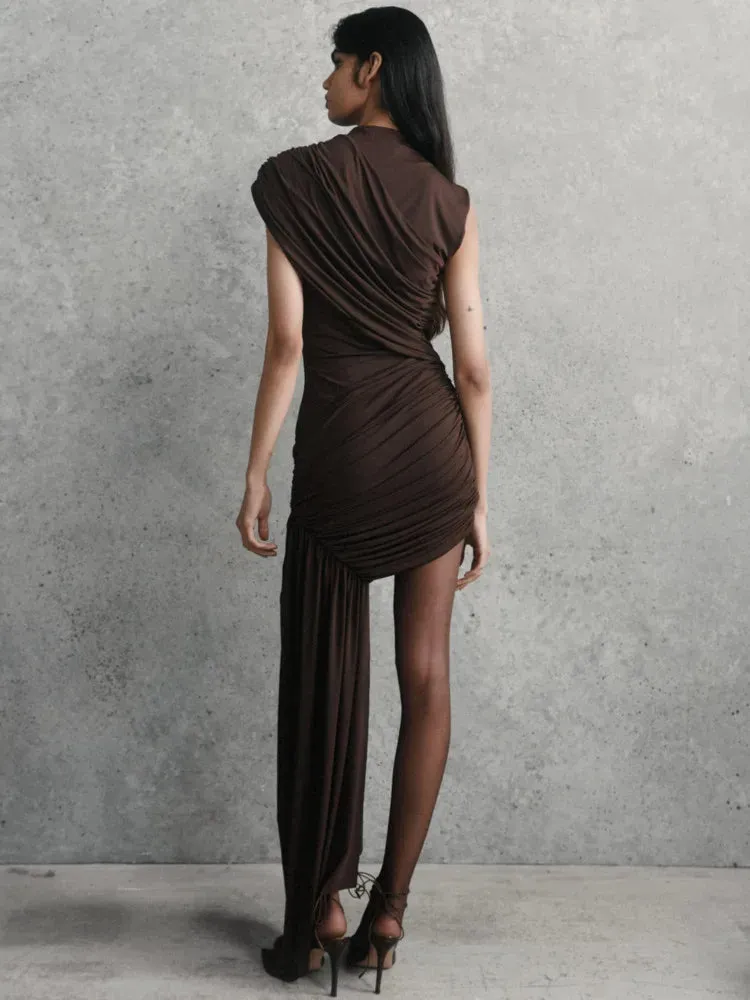 Sarena One-Shoulder Ruched Mini Dress  Asymmetric Drape Party Dress in Brown, Black, Cream, Beige or Claret