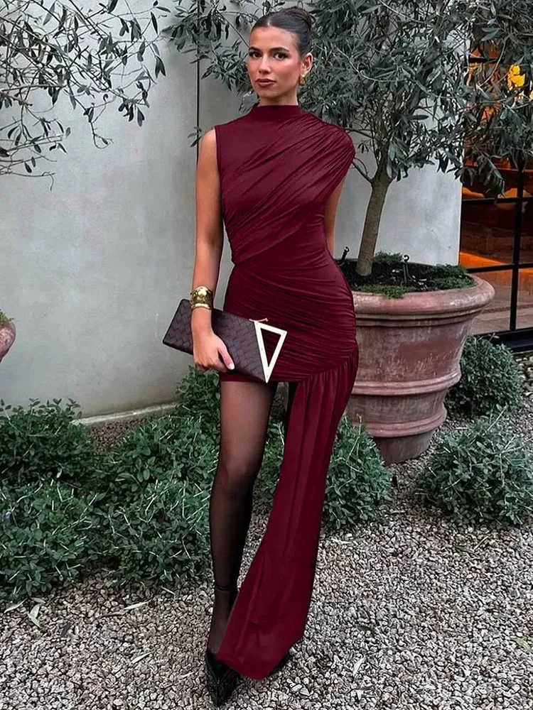 Sarena One-Shoulder Ruched Mini Dress  Asymmetric Drape Party Dress in Brown, Black, Cream, Beige or Claret