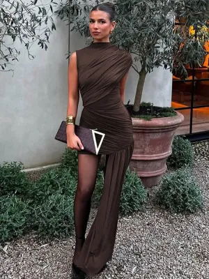 Sarena One-Shoulder Ruched Mini Dress  Asymmetric Drape Party Dress in Brown, Black, Cream, Beige or Claret
