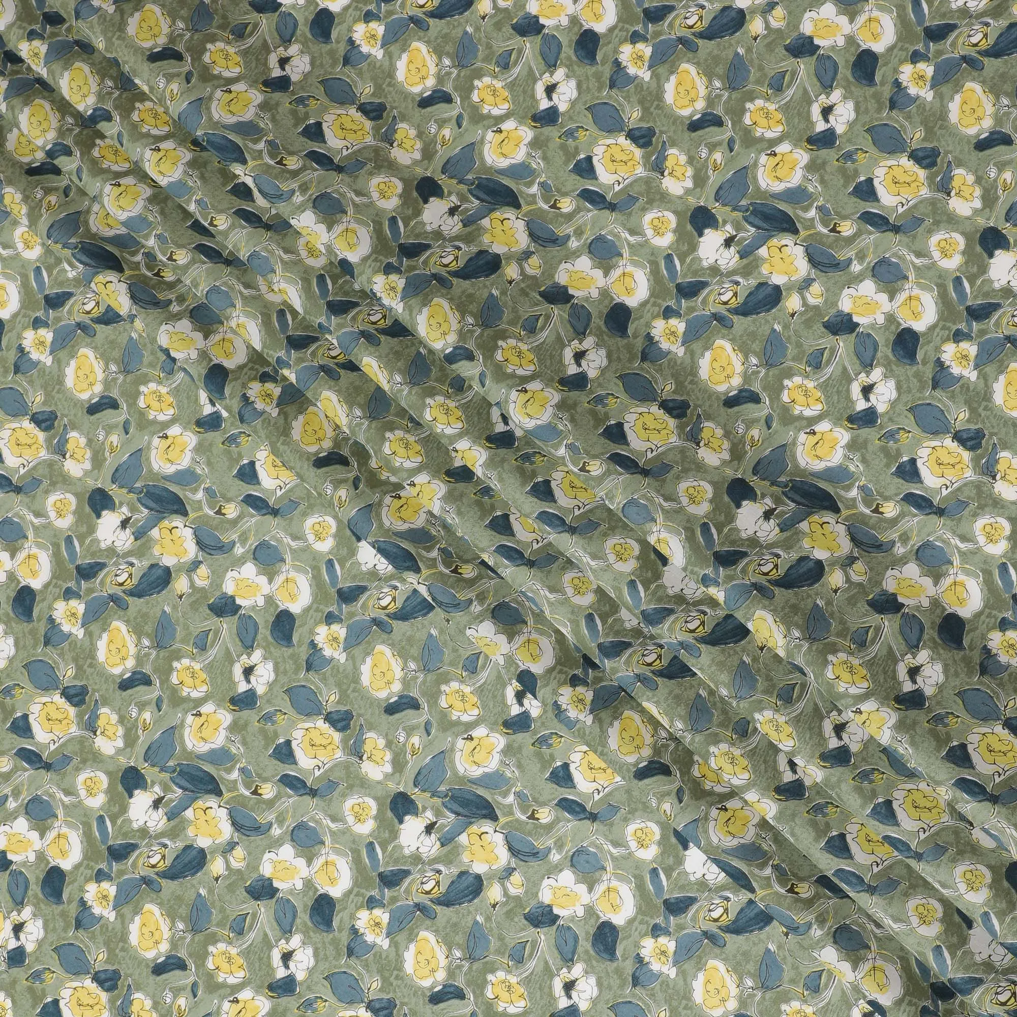 Soft Green Floral Cotton Lawn Fabric with Yellow and White Blossoms, 110 cm Wide, Japanese Design-D19544
