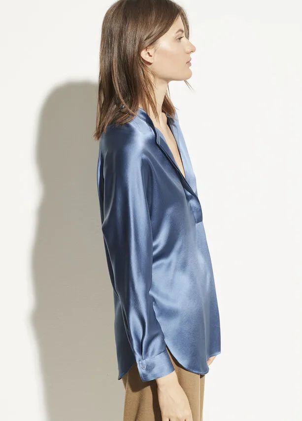 VINCE - Band Collar Satin Blouse in Azurite