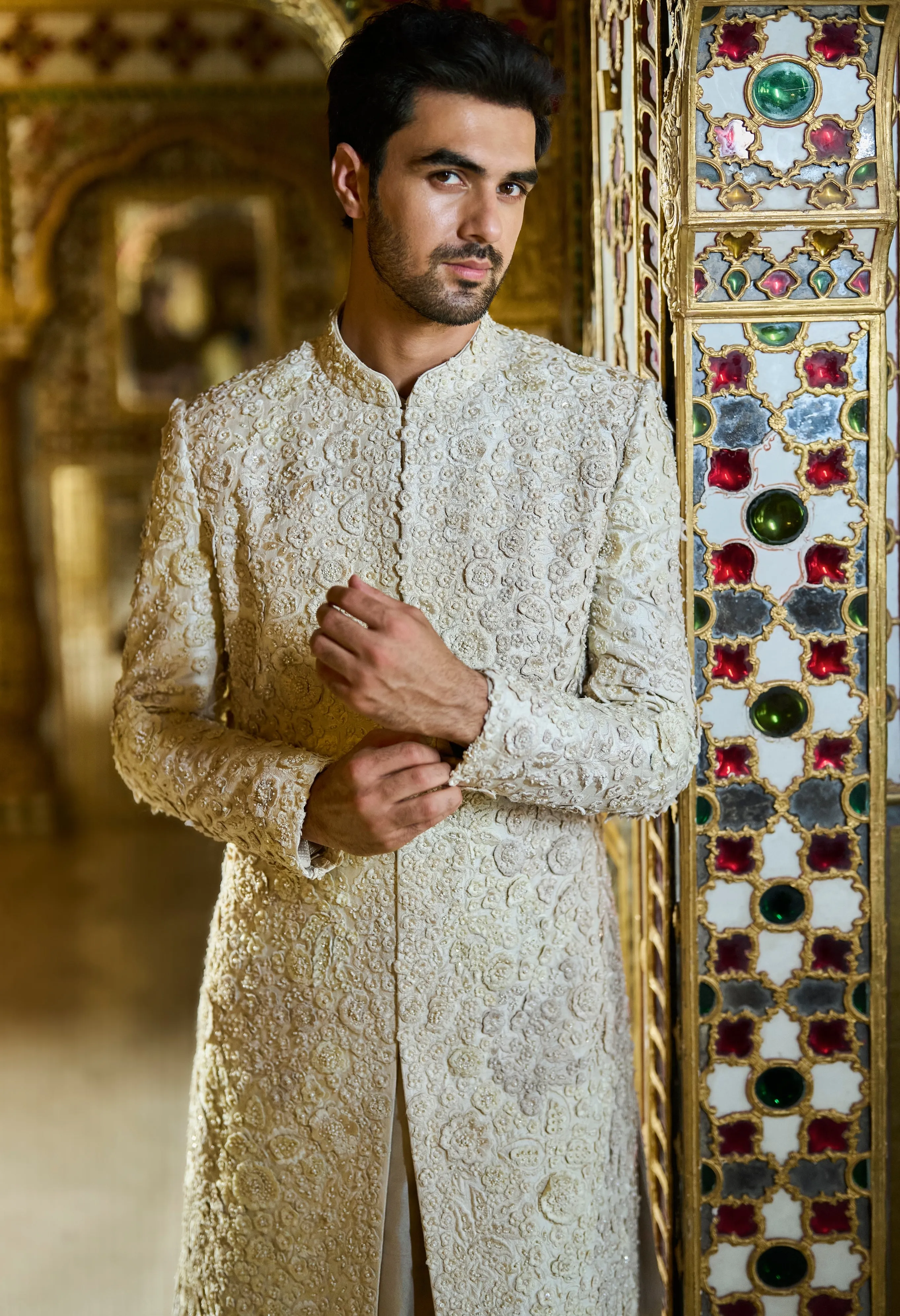 Vintage Ivory Three-Dimensional Sherwani Set