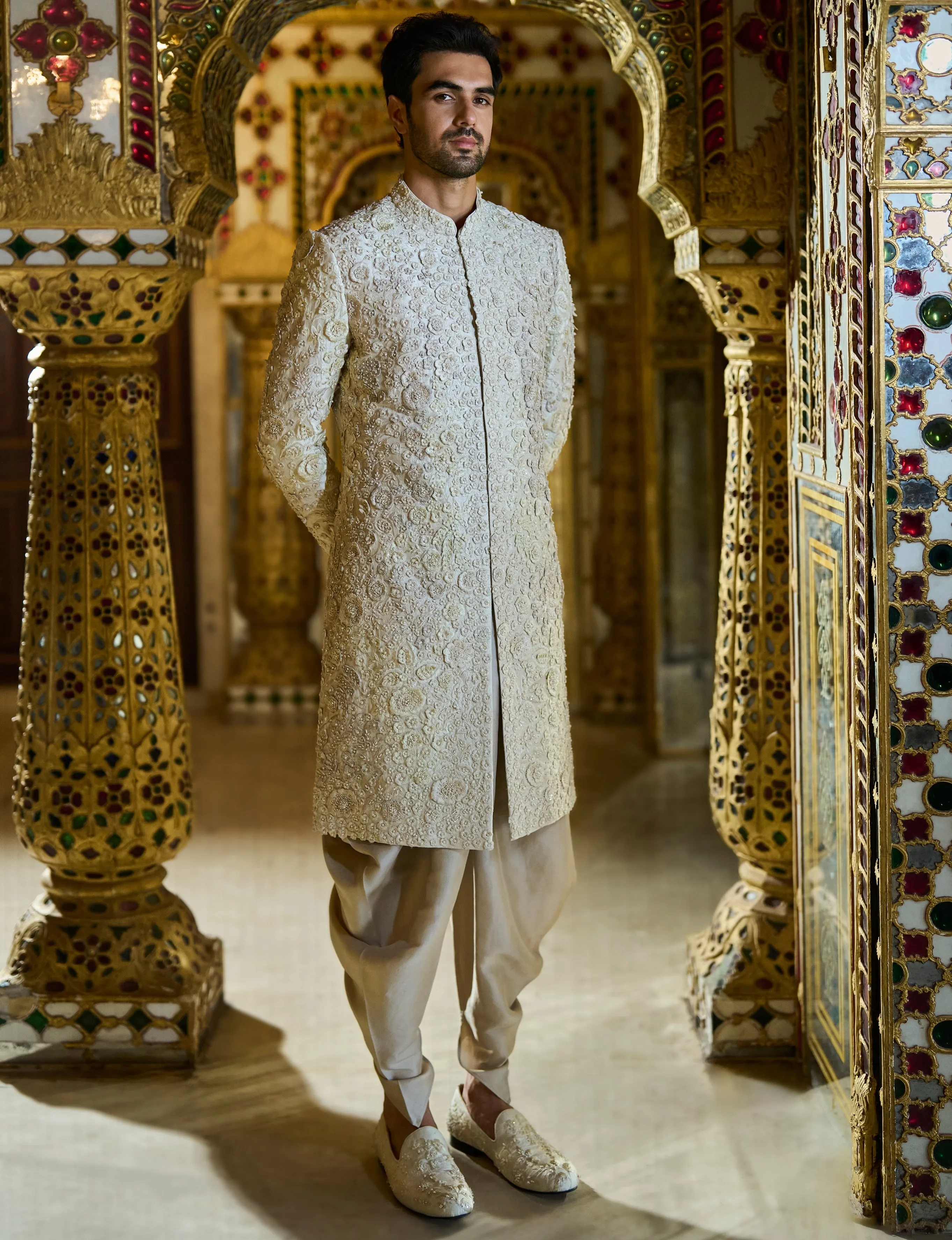 Vintage Ivory Three-Dimensional Sherwani Set