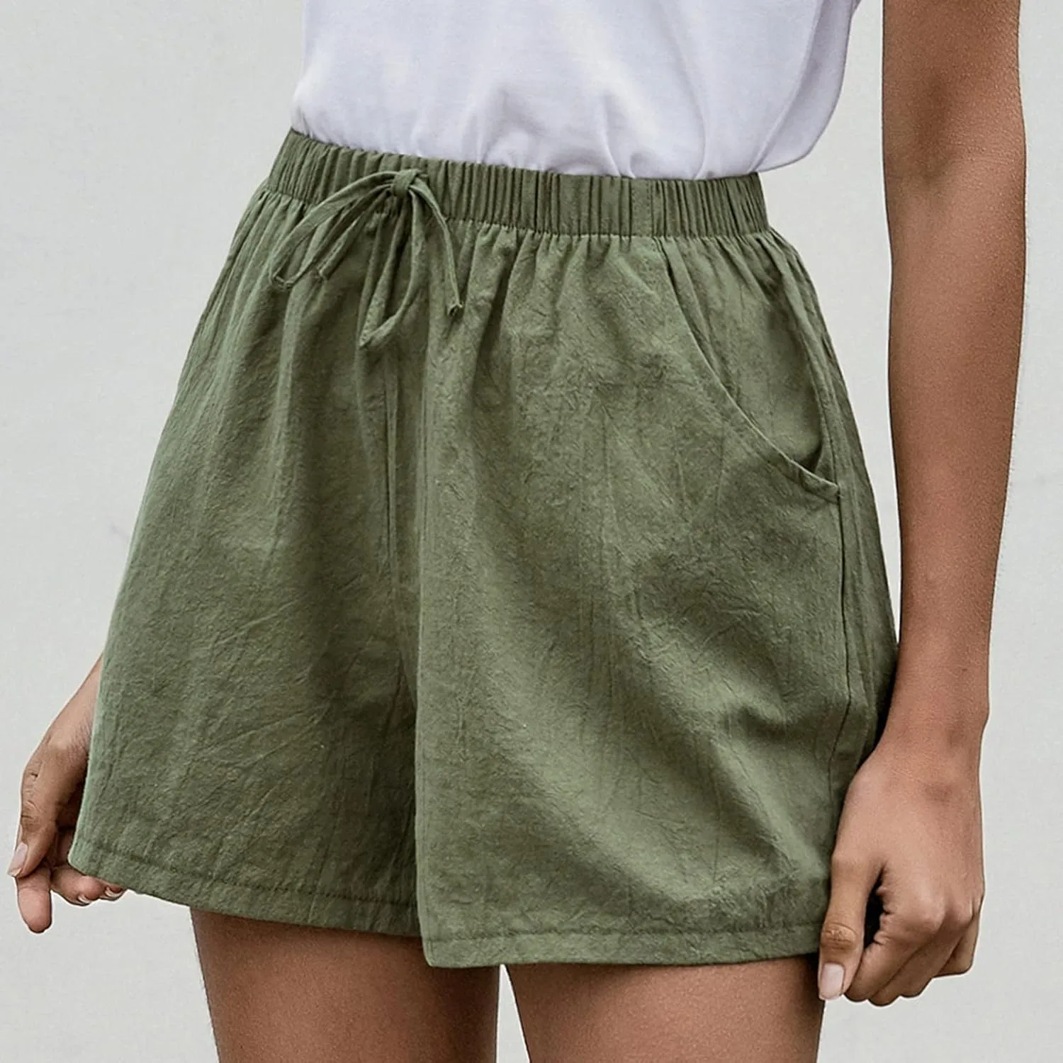 Womens Cotton Shorts Summer Comfy Linen Blend Pull On Short Breathable Elastic Waist Solid Color Work Trouser