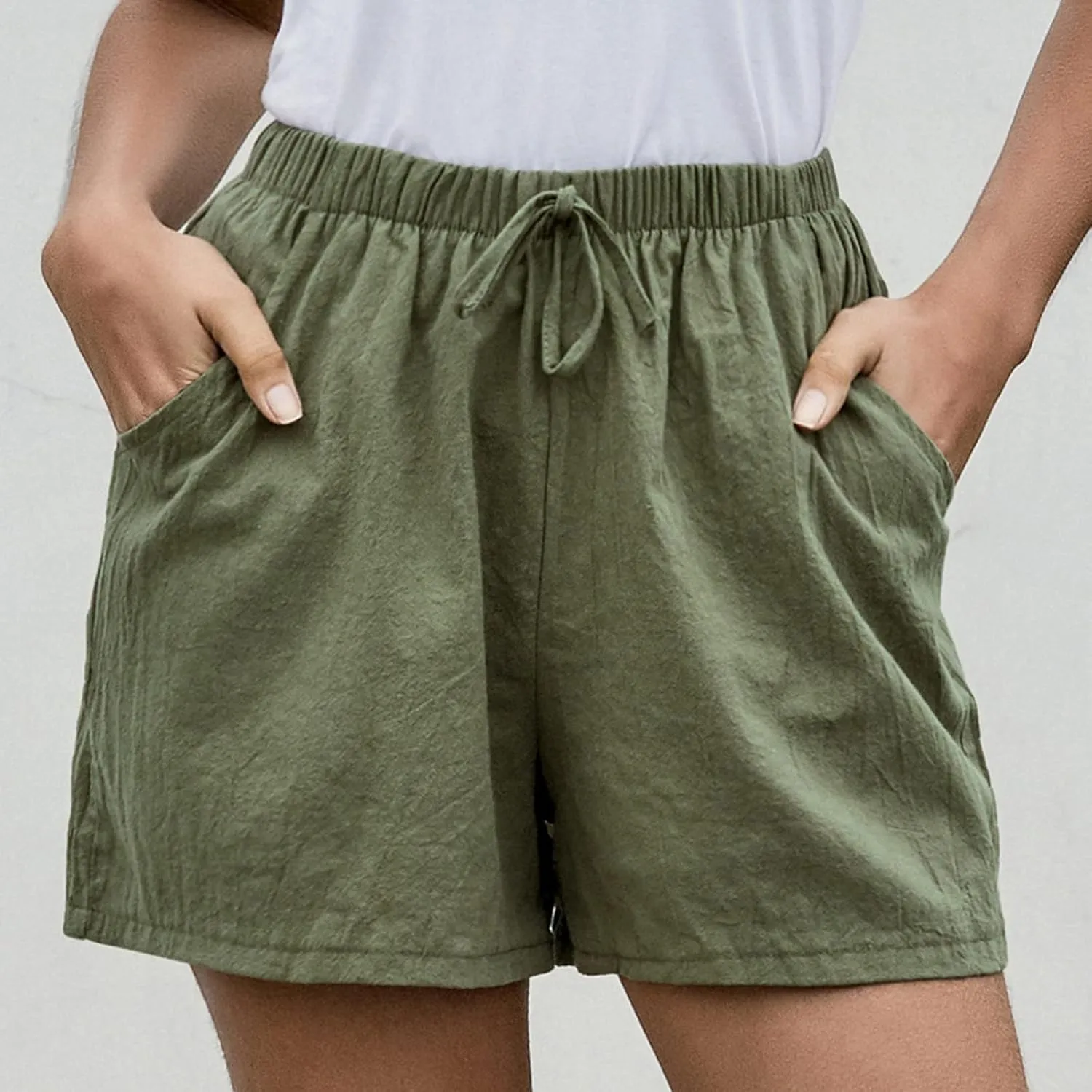 Womens Cotton Shorts Summer Comfy Linen Blend Pull On Short Breathable Elastic Waist Solid Color Work Trouser