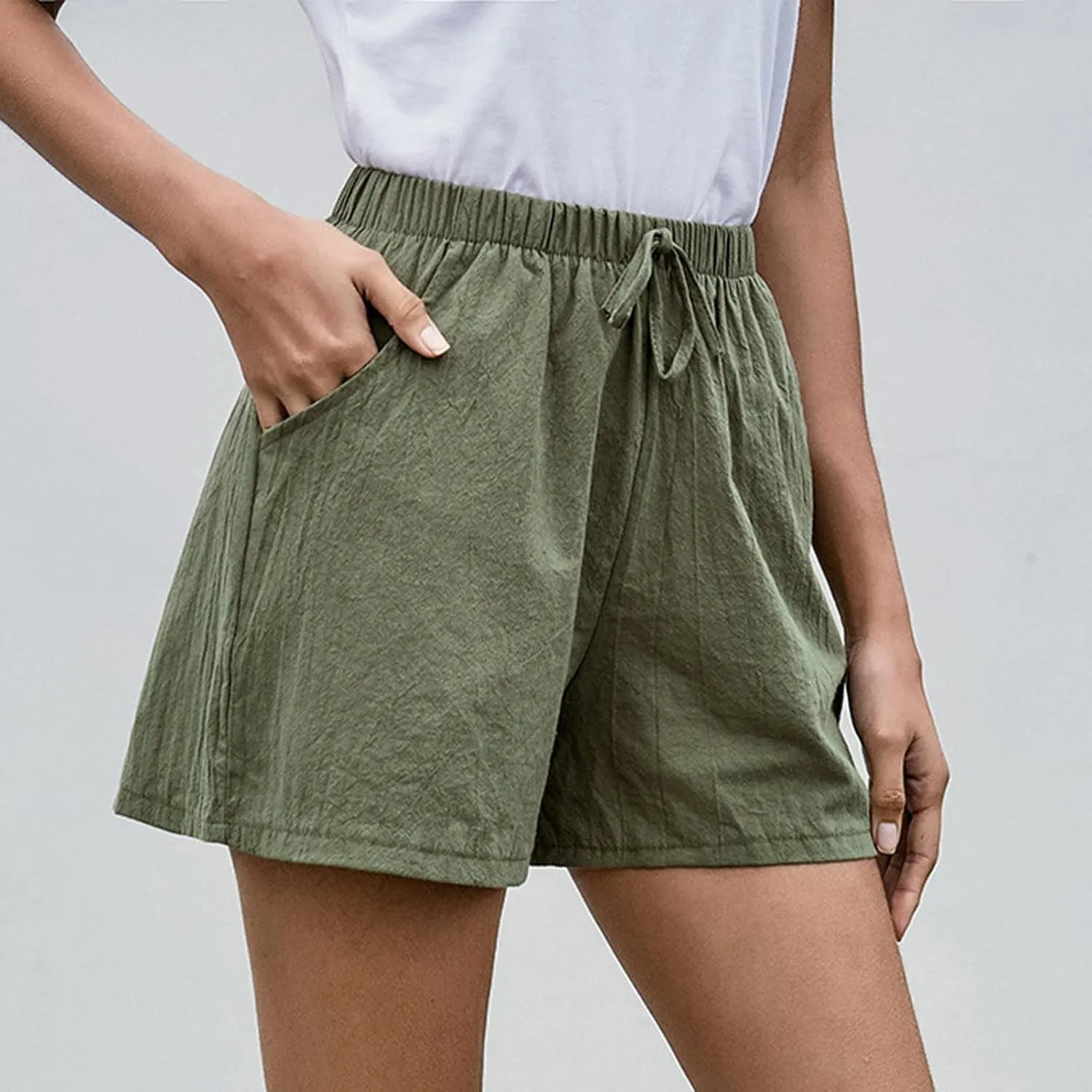 Womens Cotton Shorts Summer Comfy Linen Blend Pull On Short Breathable Elastic Waist Solid Color Work Trouser